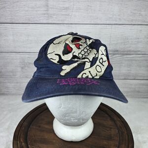 Y2k Ed Hardy Glory Skull Blue Snapback Trucker Hat OS Vintage